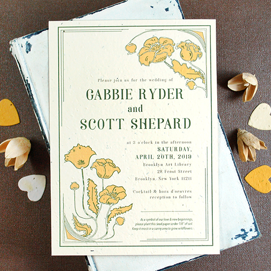 Not only are these Art Nouveau Plantable Wedding Invitations elegant and intricate, but they're printed on handmade paper embedded with seeds that grow when planted in soil.