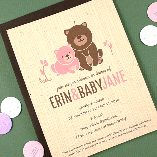 These Baby Bear Seed Paper Shower Invitations are biodegradable and are embedded with a blend of wildflower seeds so they don't leave any waste behind.