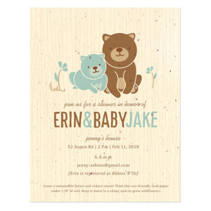 These Baby Bear Seed Paper Shower Invitations are biodegradable and are embedded with a blend of wildflower seeds so they don't leave any waste behind.
