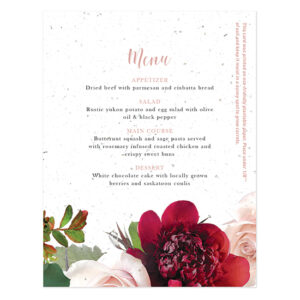 Add a burst of lush flowers to your wedding table place settings with Beautiful Blooms Plantable Menu Cards that will give guests a gift they can take home to plant.