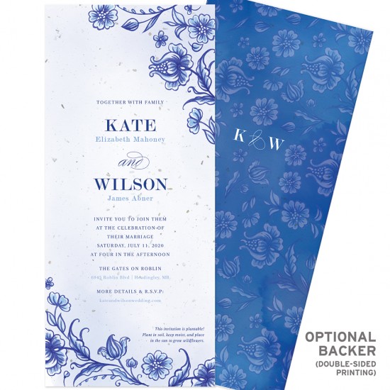 Dutch-style wedding invitations featuring a rich cobalt blue design of detailed ornamental flourishes.