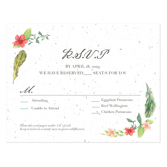 These Boho Feather Seed Paper Reply Cards will collect your replies and grow a garden of flowers instead of leaving waste behind.