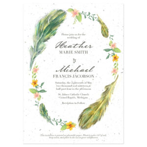 These eco-friendly Boho Feathers Seed Paper Wedding Invitations can be planted in soil to grow wildflowers!