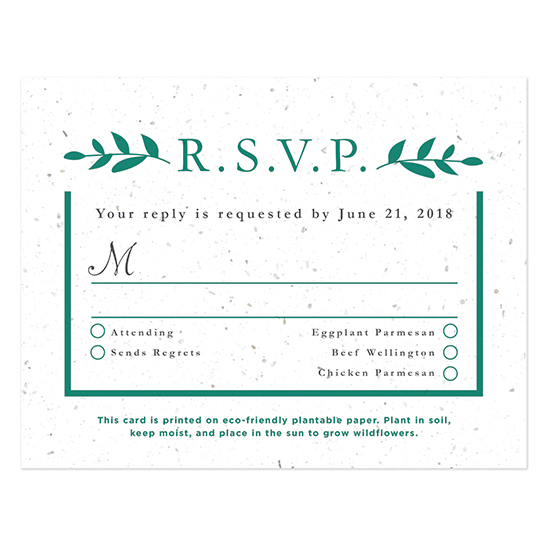 Designed to match the Classic Greenery Wedding Invitations, these elegant seed paper reply cards are a beautiful way to gather replies for your event.