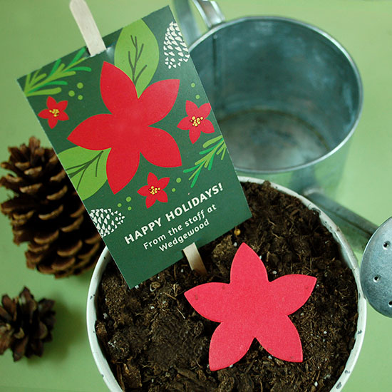 These festive eco-friendly Holiday Flower Planting Sticks are perfect for tucking inside a poinsettia or other holiday flowers for corporate gift giving or can be shared as a stand alone piece.