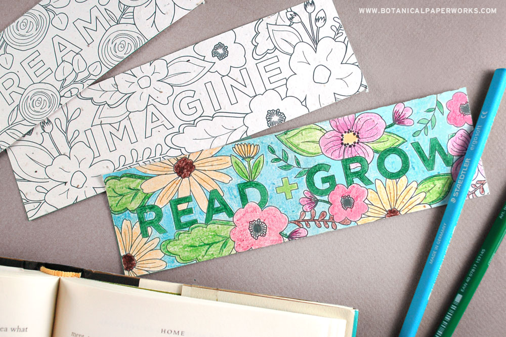 Encourage reading and growing with these blooming Free Printable Coloring Bookmarks printed on seed paper.