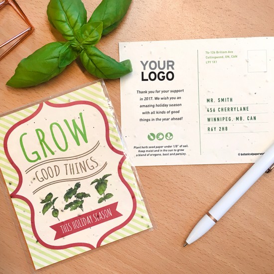 Send your holiday greetings and a gift packed with herb seeds with these festive and fun Grow Good Things Plantable Holiday Postcards.