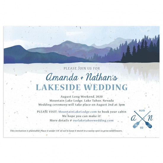 Perfect for rustic lakeside weddings, these artistic plantable wedding invitations capture a serene spot with rolling hills, trees, and calm waters.