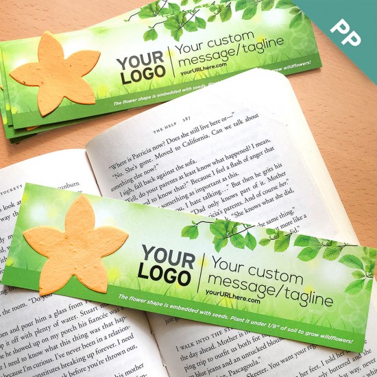 Add-your-logo and custom message to this eco bookmark with plantable flower shape.