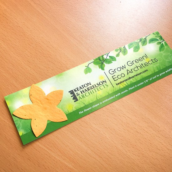 Add-your-logo and custom message to this eco bookmark with plantable flower shape.