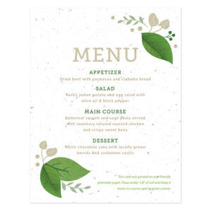 Embellished with fresh green touches, these eco-friendly Lush Greenery Plantable Menu Cards share your menu details and give a wedding favor to your guests.
