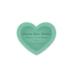 These Personalized Seed Paper Memorial Hearts are created with recycled materials that are embedded with NON-GMO seeds that blossom into wildflowers when planted either indoors or outdoors.