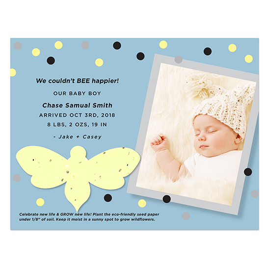 With these Plantable Bee Photo Birth Announcements, friends and family will love that they get a keepsake as well as a gift to grow in celebration.