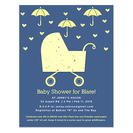 When planted, these Plantable Carriage Baby Shower Invitations will grow wildflowers that create habitats for important pollinators.