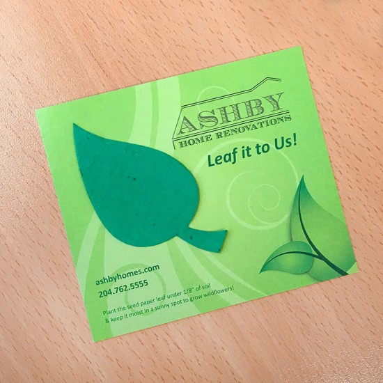 Add-your-logo, custom message, and contact details to this pre-designed eco promotion with plantable leaf shape.