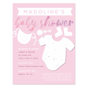 With a plantable onesie shape attached to these Plantable Onesie Baby Shower Invitations, everyone can plant the paper to celebrate the birth of a little one.