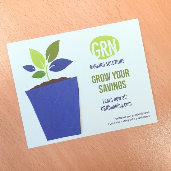 Add-your-logo and messaging to this card with plantable pot shape.