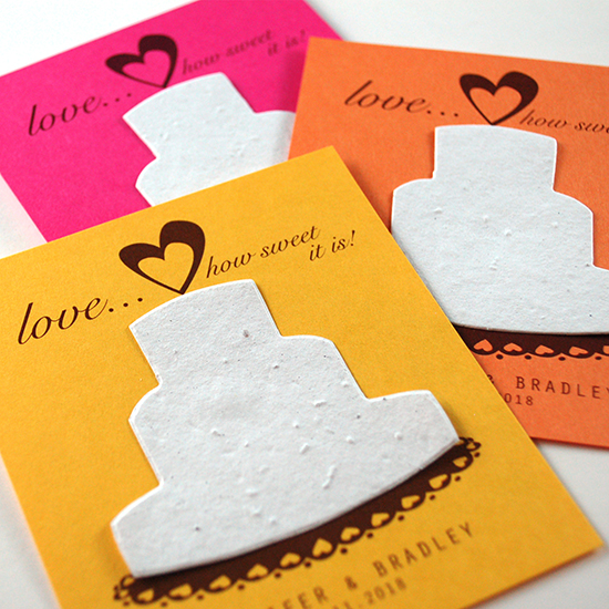 Wildflowers will grow right out of the plantable paper on these Sweet Love Bright Plantable Wedding Favors.