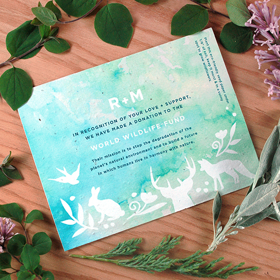 Share your passion for wildlife preservation with these eco-friendly Wildlife Watercolor Plantable Wedding Favors.