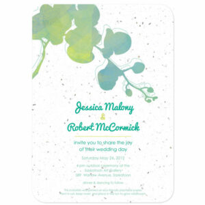These eco-friendly Watercolor Orchids Plantable Wedding Invitations are printed on seed paper embedded with wildflower seeds.