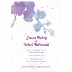 These eco-friendly Watercolor Orchids Plantable Wedding Invitations are printed on seed paper embedded with wildflower seeds.