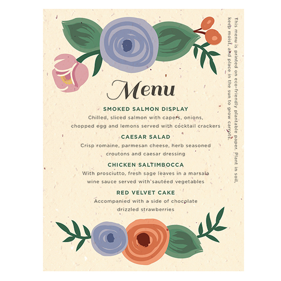 A lovely way to give guests a special gift, these Romantic Floral Seed Paper Menu Cards are perfect for couples planning an eco-friendly wedding.