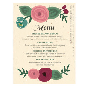 A lovely way to give guests a special gift, these Romantic Floral Seed Paper Menu Cards are perfect for couples planning an eco-friendly wedding.