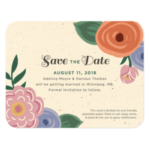 Made with post-consumer materials, these Romantic Floral Seed Paper Save The Date Cards are infused with seeds that grow when planted.