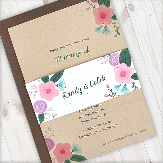 These Rustic Floral Kraft Paper Wedding Invitations With Seed Paper Band are adorned with floral charm!