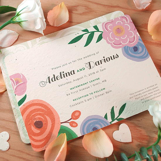 These Romantic Floral Seed Paper Wedding Invitations are perfect for couples who want an eco-friendly wedding because they can be planted to grow real wildflowers or fresh herbs while leaving no waste behind.