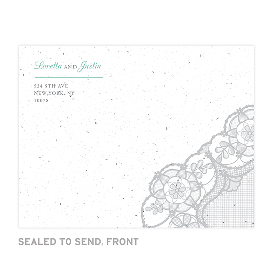 These Romantic Lace Seal and Send Wedding Invitations are printed on eco-friendly seed paper.