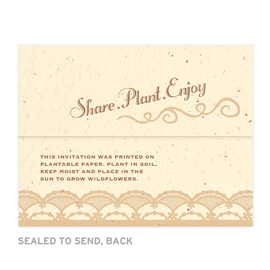 These Rustic Lace Seal and Send Wedding Invitations are printed on eco-friendly cream seed paper.