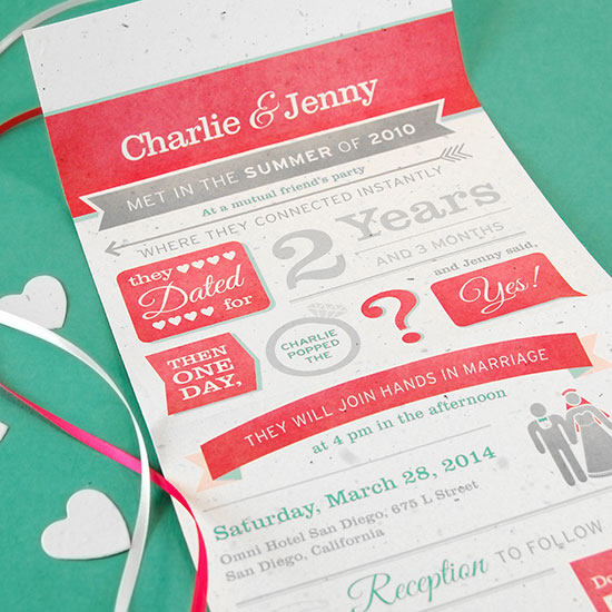 Fill in your very own love story detail in this Seal and Send Wedding Invitations made with plantable seed paper!