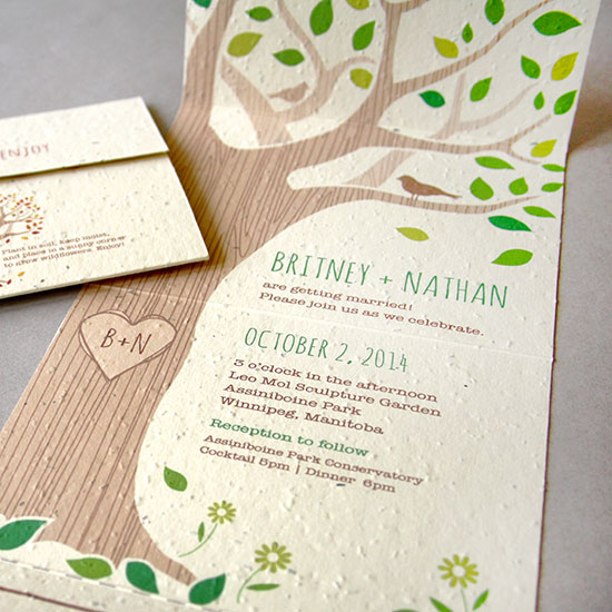 Rustic and totally charming, this plantable seal and send wedding invitation is perfect for a park wedding and includes the invite and RSVP in one eco-friendly piece. No envelopes required!