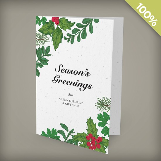 Send Season's Greenings" with festive business holiday cards that won't leave any waste behind."""