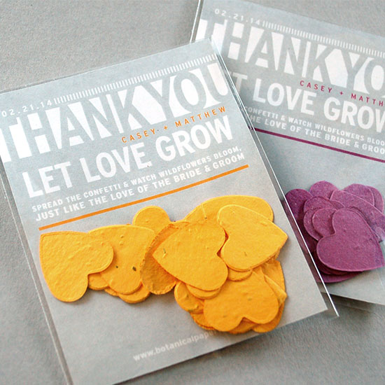 These Modern Confetti Seed Paper Wedding Favors grow beautiful wildflowers when the heart shaped confetti is planted.