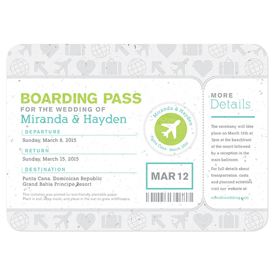 Boarding Pass Seed Paper Wedding Invitations are printed on eco-friendly seed paper.