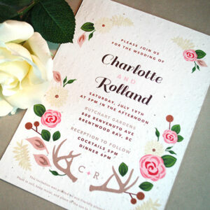 Delicate florals and woodsy elements make this seed paper wedding invitationtotally unique. Not to mention how it will also give your guests flowers to plant and grow. 