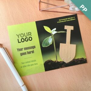 Add-your-logo, custom message, and contact details to the pre-designed template featuring a plantable shovel shape.