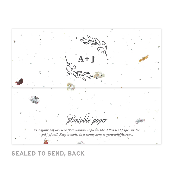 These Seeds of Love Seal and Send Wedding Invitations are embedded with real flower petals, the petalled paper option has a romantic and handmade quality that is both romantic and elegant.