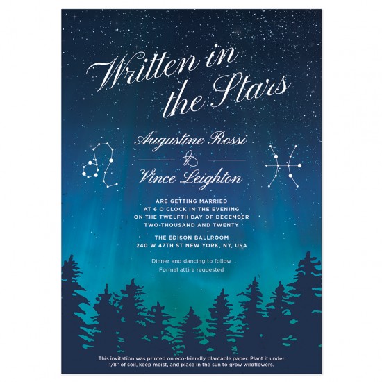Perfect for a couple whose love was written in the stars, this stunning plantable wedding invitation is romantic and perfect for wedding nuptials at night.