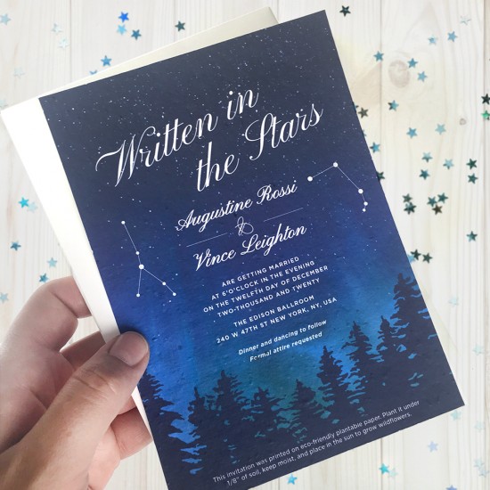 Perfect for a couple whose love was written in the stars, this stunning plantable wedding invitation is romantic and perfect for wedding nuptials at night.