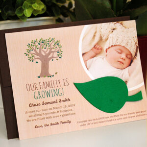 With a little seed paper leaf attached to plant and grow flowers, your friends and family will absolutely love this Tree Plantable Leaf Photo Birth Announcements.