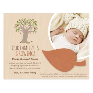 With a little seed paper leaf attached to plant and grow flowers, your friends and family will absolutely love this Tree Plantable Leaf Photo Birth Announcements.