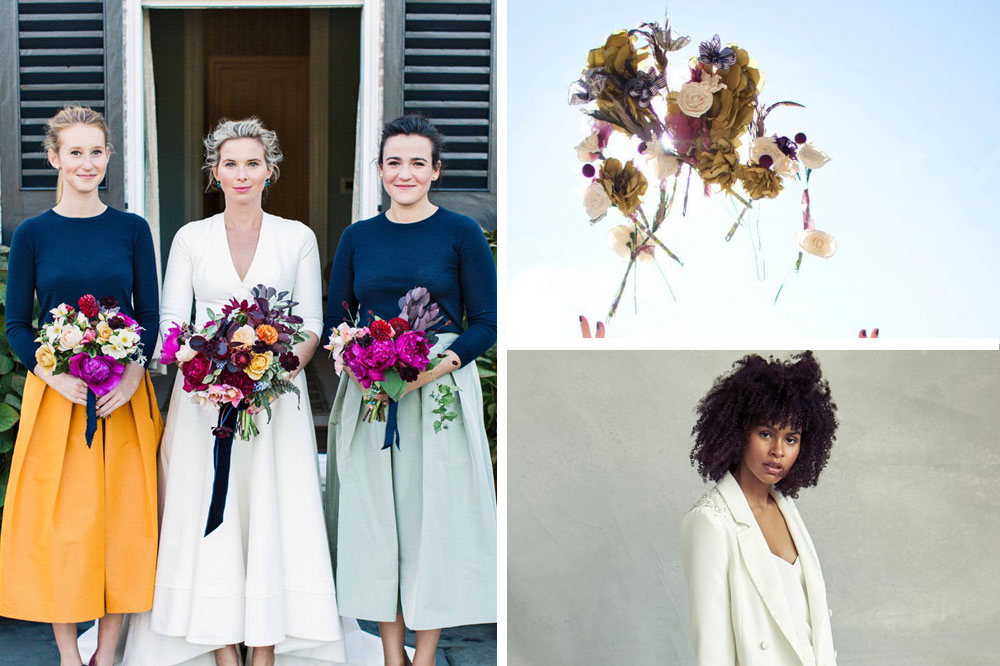 unconventional wedding ideas, nontraditional wedding ideas, breakaway bouquets, mixed-gender wedding party, bridal blazers, loved one as the wedding officiant, two-piece bridesmaid dresses.