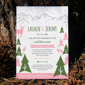 These Wilderness Plantable Wedding Invitations have charming woodsy touches and are printed on eco-friendly seed paper.