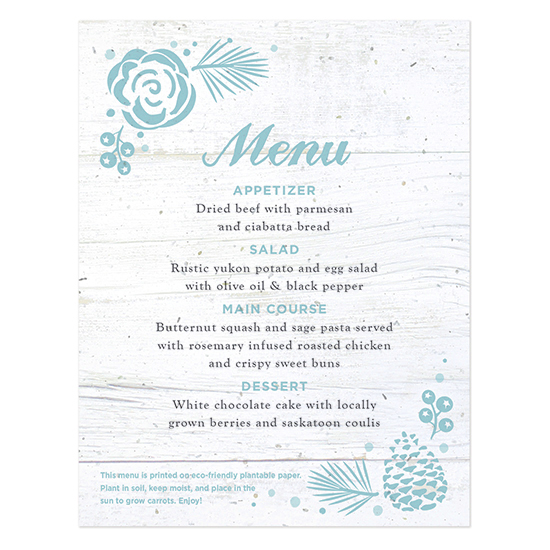These Winter Wonderland Plantable Menu Cards are embedded with NON-GMO seeds that grow fresh and delicious carrots when planted in a pot or garden.