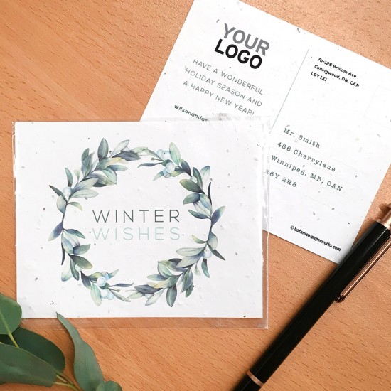 Share a beautifully illustrated winter greeting and give the gift of wildflowers with these plantable holiday postcards that can be branded with your logo and URL.