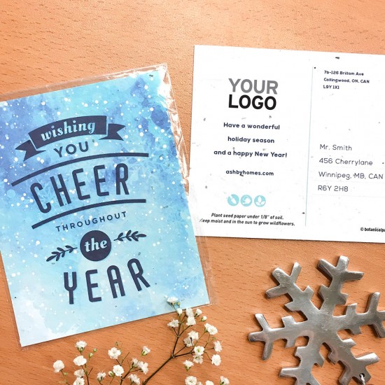 Send clients and colleagues good cheer in a fun and eye-catching way with these branded seed paper holiday postcards that give and grow wildflowers.