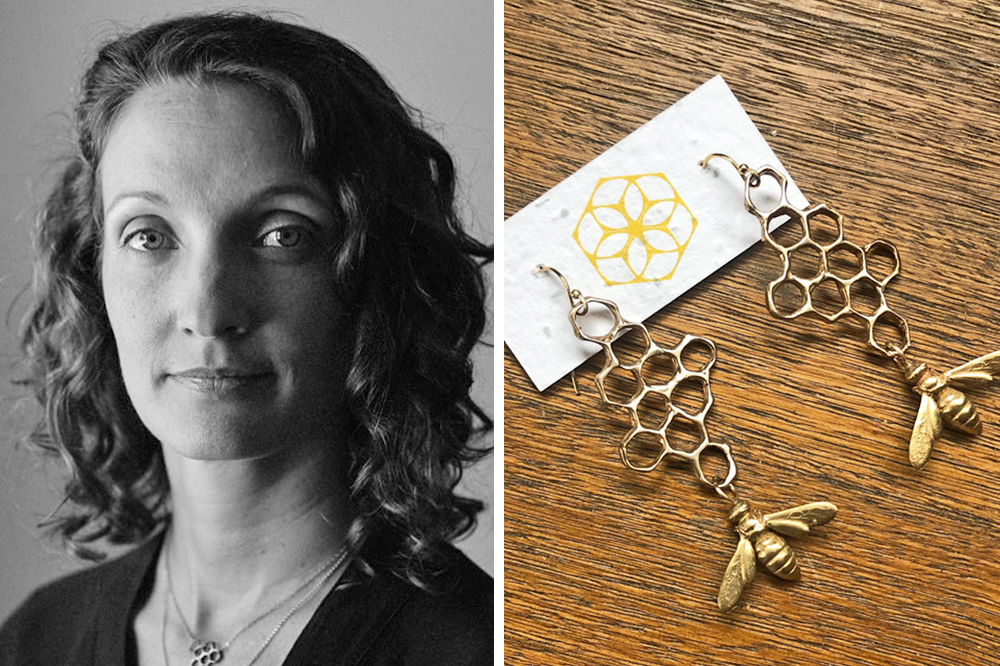 Bee Amour jewelry company founder and designer Anna Gieselman and her bee-inspired earrings with a wildflower-embedded seed paper tag